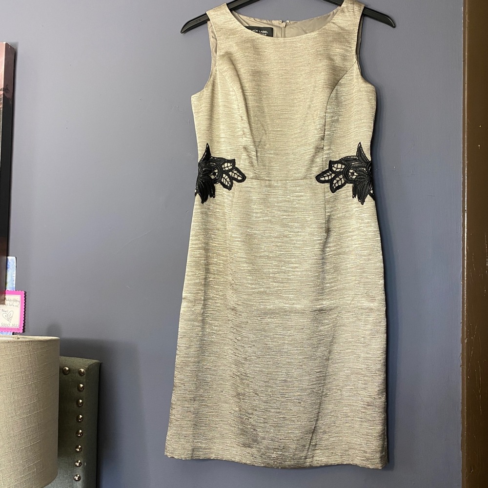 Evan-Picone Sheath Dress Womens 8 Champagne Black Label Metallic Lace Applique